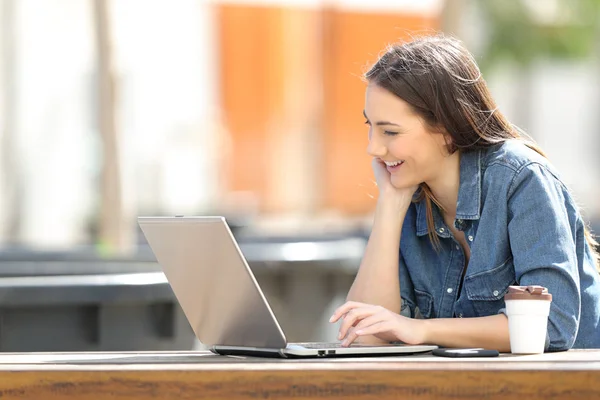 Happy Woman Ogląda Treści Mediach Online Laptopie Siedząc Parku — Zdjęcie stockowe