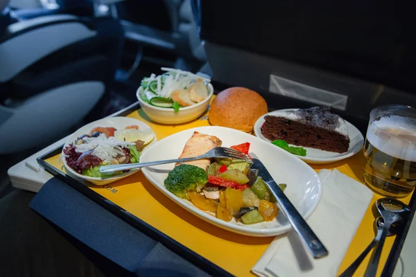 Food Served Board Business Class Airplane Table Tray Food Airplane — Stock Photo, Image