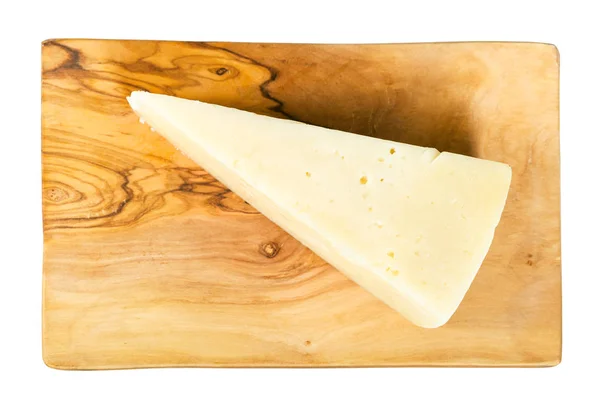 Draufsicht Auf Stück Lokalen Italienischen Pecorino Romano Schafskäse Auf Olivenholz — Stockfoto