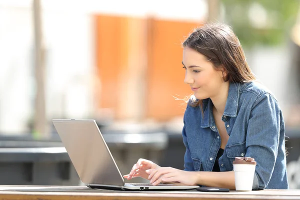 Donna Seria Che Utilizza Computer Portatile Tavolo Seduto Parco — Foto Stock