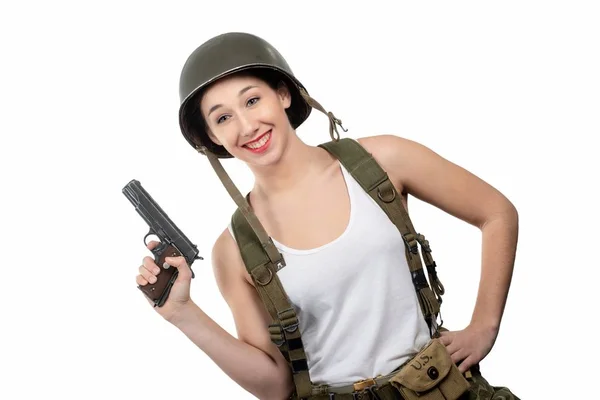 Pretty Young Woman Dressed Ww2 American Military Uniform Helmet Handgun — Stock Photo, Image