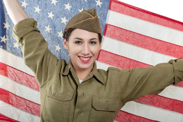 Pretty Young Woman Uniform American Flag — Stock Photo, Image