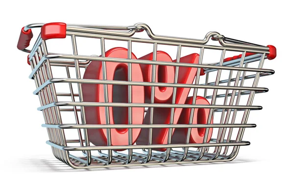Steel Shopping Basket Percent Sign Render Illustration Isolated White Background — Stok Foto