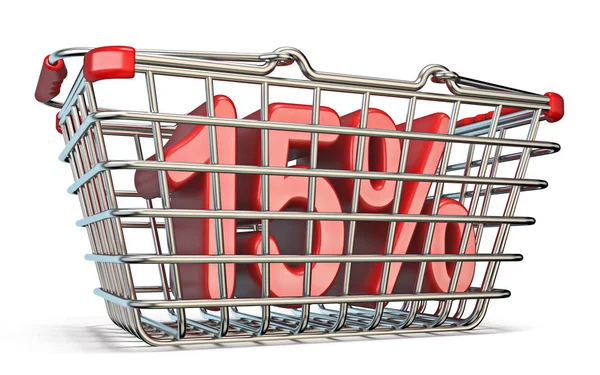 Steel Shopping Basket Percent Sign Render Illustration Isolated White Background — Stok Foto