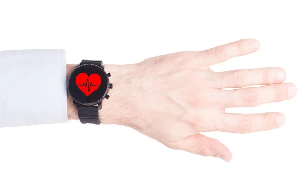 Smartwatch Preto Isolado Fundo Branco Batimento Cardíaco — Fotografia de Stock