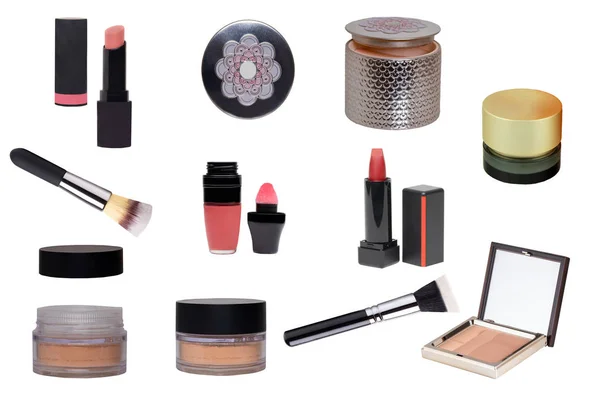 Cosmetische Producten Collage Set Verzameling Van Cosmetica Schoonheidsproducten Geïsoleerd Een — Stockfoto