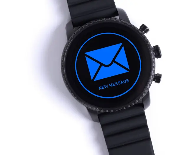 Reloj Inteligente Negro Aislado Sobre Fondo Blanco Nuevo Mensaje — Foto de Stock