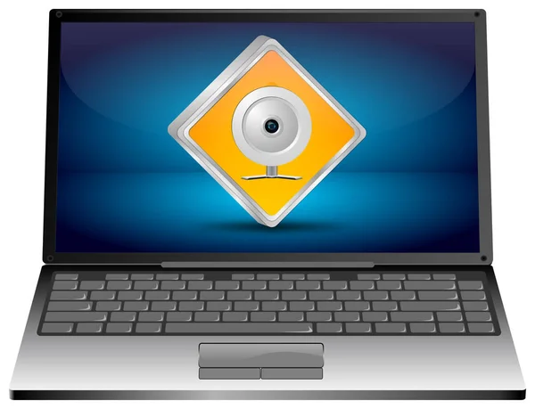 Ordenador Portátil Con Botón Naranja Webcam Escritorio Azul Ilustración —  Fotos de Stock