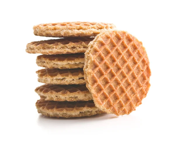 Süße Waffelkekse Isoliert Auf Weißem Hintergrund Holländische Waffeln Mit Karamell — Stockfoto