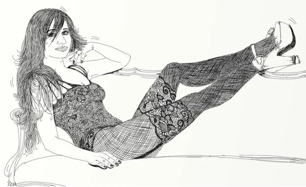 Illustrazione Ritratto Una Donna Con Uno Sguardo Timido Capelli Ondulati — Foto Stock