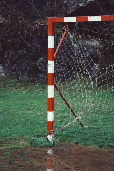 Vista Portão Esporte Futebol Com Rede — Fotografia de Stock