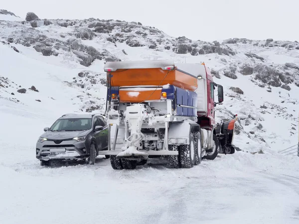 Car Rescued Snowplow Iceland Mountain Road Winter Stock Image