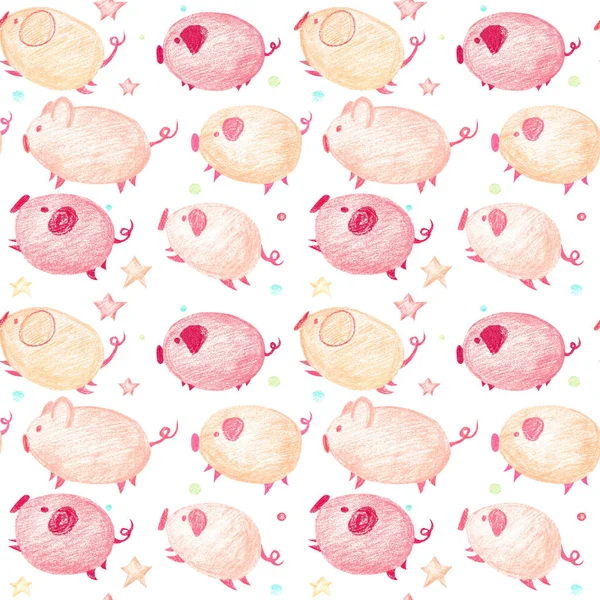 Funny seamless pattern with jumping piglets. Children's gentle pastel background with pink and orange piglets, candy and asterisks.