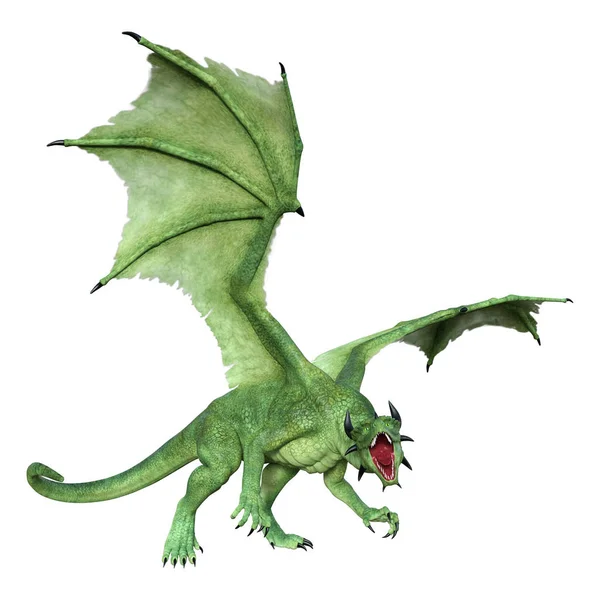 Rendering Green Fantasy Dragon Isolated White Background — Stock Photo, Image