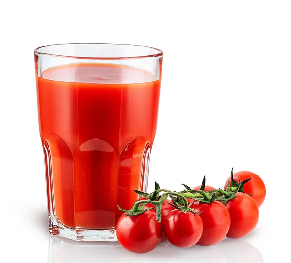 Tomatensaft Und Kirschtomaten Glasbecher Reflexion Vorhanden Isoliert Auf Weißem Hintergrund — Stockfoto