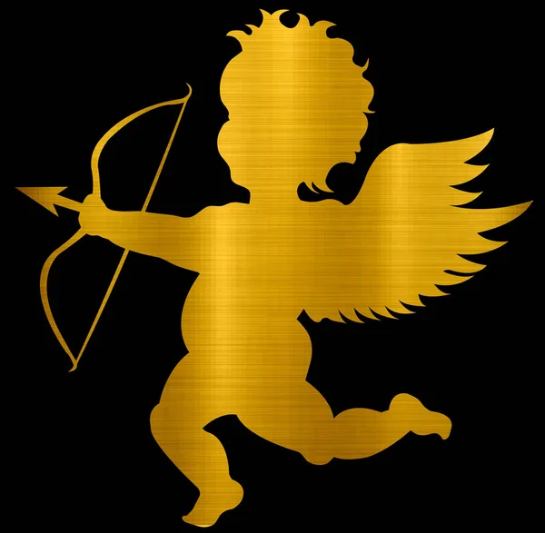 Gouden Metalen Cupido Illustratie Valentijnskaarten Liefde Engel Vliegen Silhouet — Stockfoto