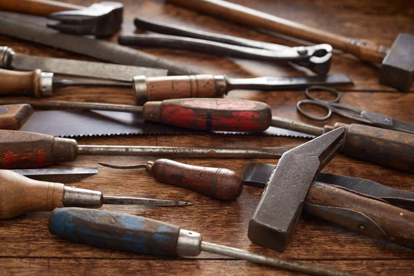 Old Wooden Handled Woodworking Tools Screwdrivers Mallet Hammer Chisels Snips — Stock Photo, Image