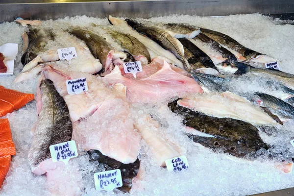 Bacalao Merluza Fletán Otros Pescados Para Venta Mercado — Foto de Stock