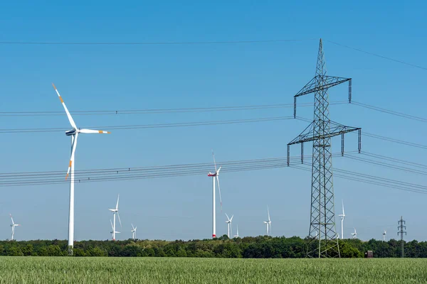 Linee Elettriche Aeree Turbine Eoliche Viste Nella Germania Rurale — Foto Stock