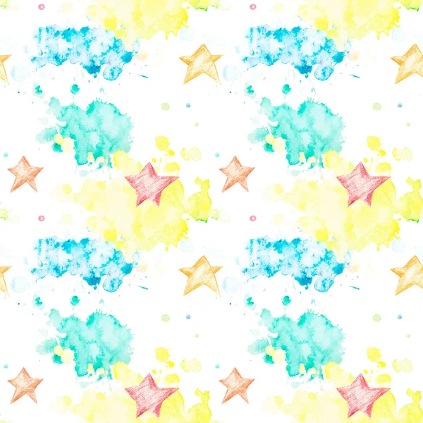 Seamless Pattern Multicolored Watercolor Blots Asterisks White Background Watercolor Spots — Stock Photo, Image