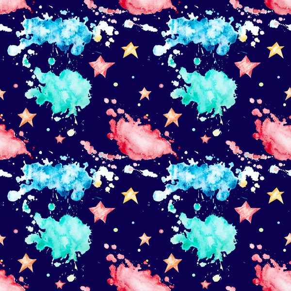 Nahtloses Muster Mit Bunten Aquarellflecken Und Sternen Auf Dem Hintergrund — Stockfoto
