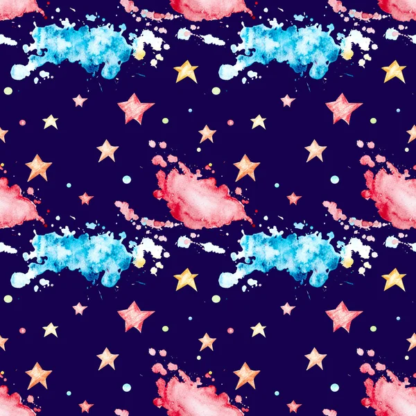 Бесшовный Узор Разноцветными Акварельными Пятнами Звездами Фоне Ночного Мрачного Неба — стоковое фото