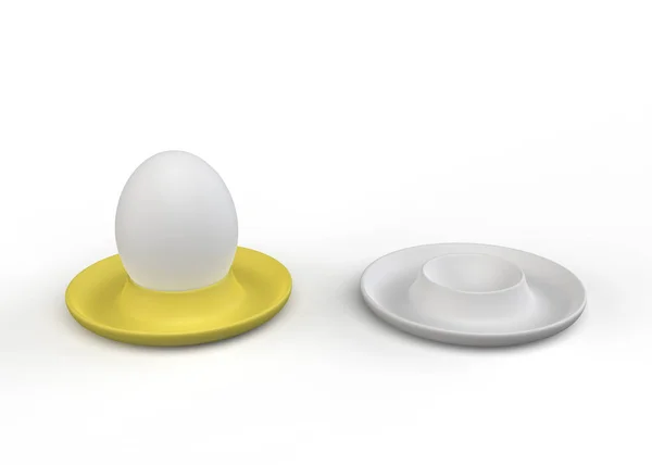 黄色の卵カップと1つの空の卵カップに卵 イースターでの朝食 — ストック写真