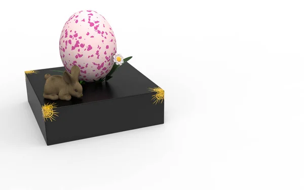 Easter Egg Black Gift Box Brown Rabbit Sideways View — Stock Photo, Image