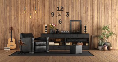 Living room in rustc style with audio equipment, black furniture and guitar on wooden wall - 3d rendering clipart