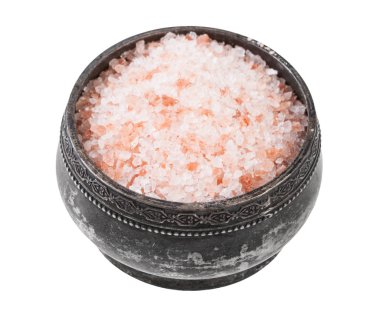 old silver salt cellar with pink Himalayan Salt isolated on white background clipart