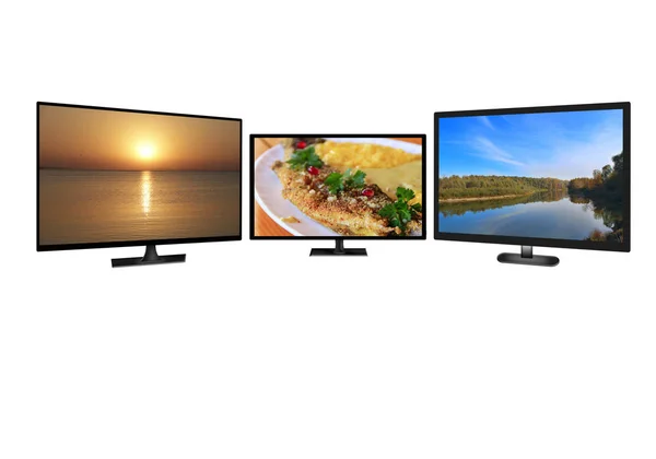 Televizní Monitory Izolované Bílém Pozadí Televizní Monitory Zobrazující Obrazy Přírody — Stock fotografie