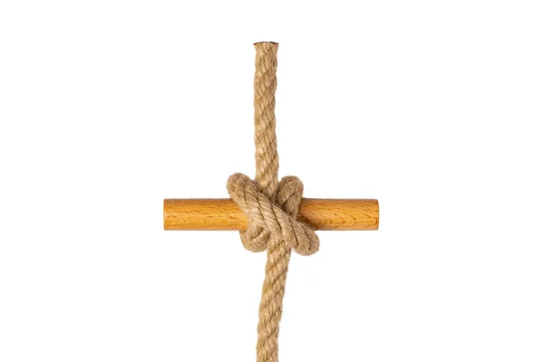 绳子被隔离了从孤立在白色背景上的棕色绳子上截断图形丁香结或结的闭合 海军和垂钓者结或者水手结 — 图库照片
