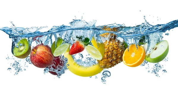 Taze Çoklu Meyveler Mavi Berrak Suya Sıçrıyor Sağlıklı Besin Diyeti — Stok fotoğraf