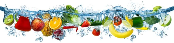 Frisches Multi Obst Und Gemüse Das Blaues Klares Wasser Spritzt — Stockfoto