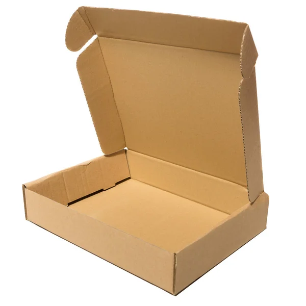 Κενό Άνοιξε Κουτί Από Χαρτόνι Άσπρο Φόντο — Φωτογραφία Αρχείου