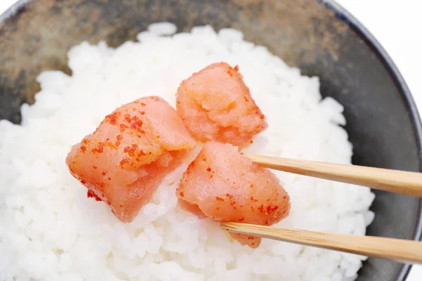 Japanese cooked white rice with mentaiko on white background