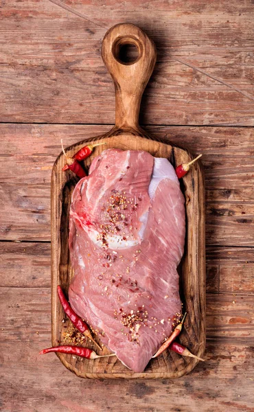Fresh Raw Meat Old Wooden Table Food Preparation — Stock Photo, Image