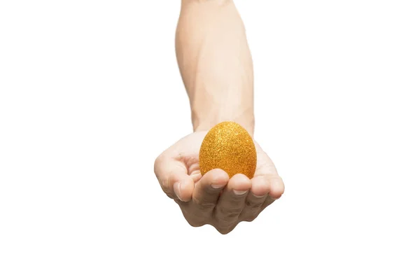 Людська Рука Тримає Жовте Пасхальне Яйце Ізольовано Білому Тлі Великоднем — стокове фото
