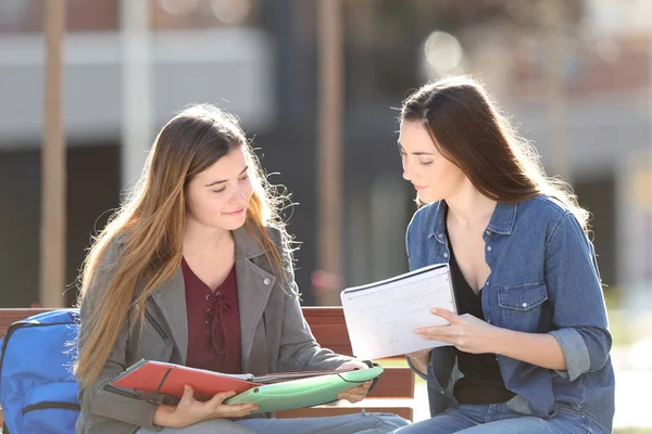 Deux Étudiants Sérieux Étudiant Comparant Des Notes Assis Sur Banc — Photo