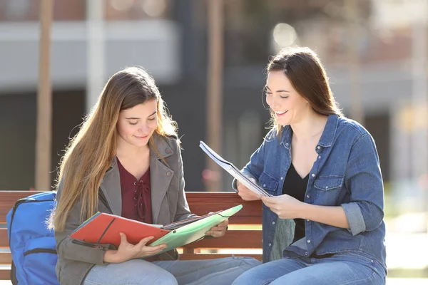 Dos Estudiantes Felices Estudiando Notas Lectura Sentados Banco Parque —  Fotos de Stock