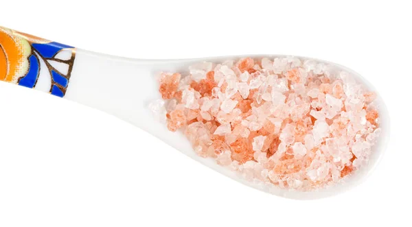 Top View Chinese Spoon Pink Himalayan Salt Close Isolated White — Stock Photo, Image