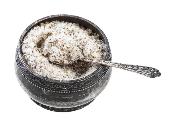Gammal Silver Saltkällare Med Sked Med Kryddat Salt Med Kryddor — Stockfoto
