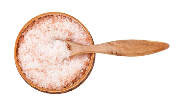 Ansicht Des Hölzernen Salzkellers Mit Löffel Mit Rosa Himalaya Salz — Stockfoto