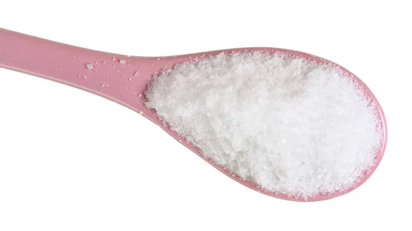 Ovanifrån Keramiska Sked Med Fina Marken Sea Salt Närbild Isolerad — Stockfoto