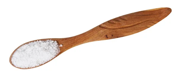 Ovanifrån Trä Salt Sked Med Kornat Bergsalt Isolerad Vit Bakgrund — Stockfoto