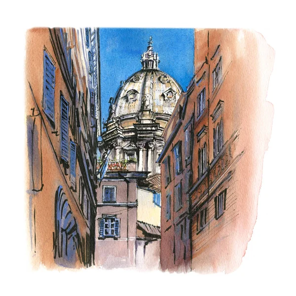 Desenho Aquarela Rua Típica Italiana Com Igreja Catania Sicília Itália — Fotografia de Stock