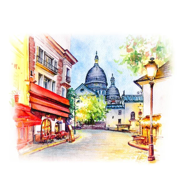Akvarell Vázlat Place Tertre Asztalok Kávézó Sacre Coeur Ben Reggel — Stock Fotó