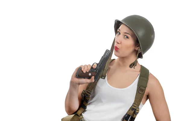 Una Bonita Joven Vestida Con Uniforme Militar Americano Ww2 Con — Foto de Stock