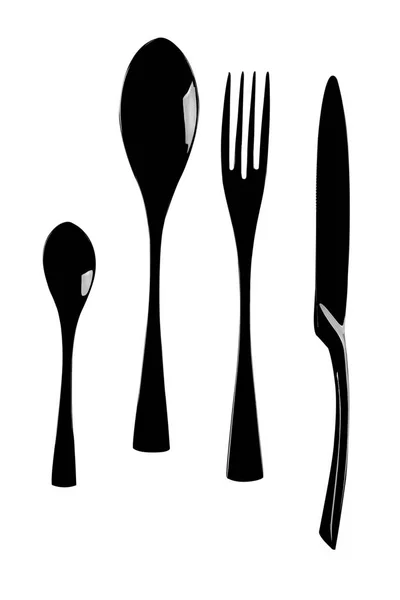 Black Cutlery Isolated White Top View Clipping Path Flat Lay — Stock Photo, Image