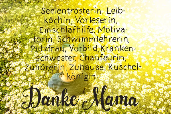 Tyska Kalligrafi Danke Mama Medel Tack Mamma Blonda Barn Sitter — Stockfoto